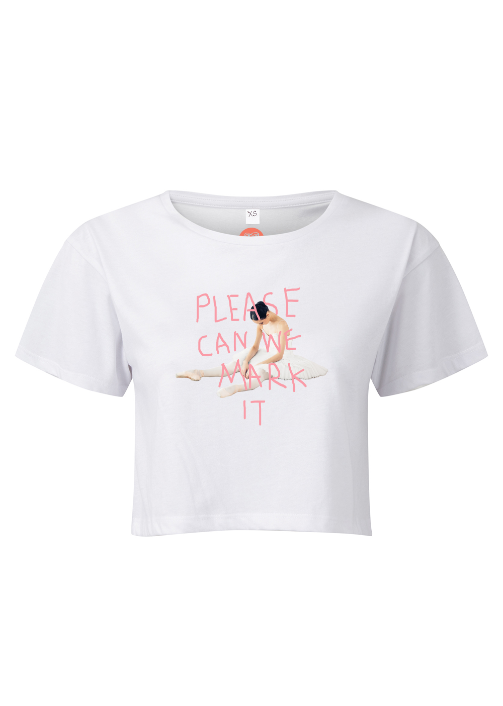 White t-shirt with graphic design and text on a white background
