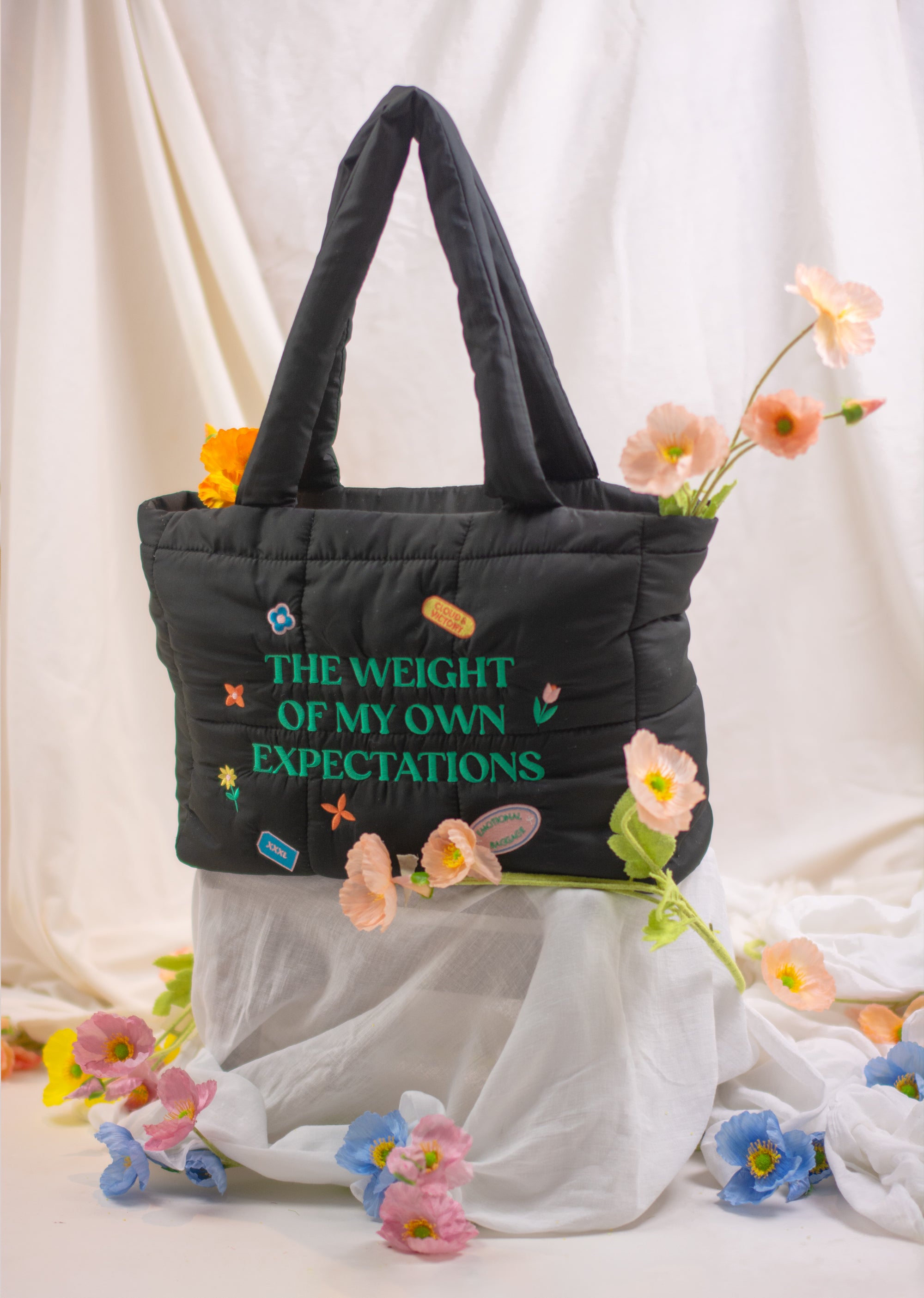The Weight of My Expectations Puffer Tote Bag - Black - Cloud & Victory