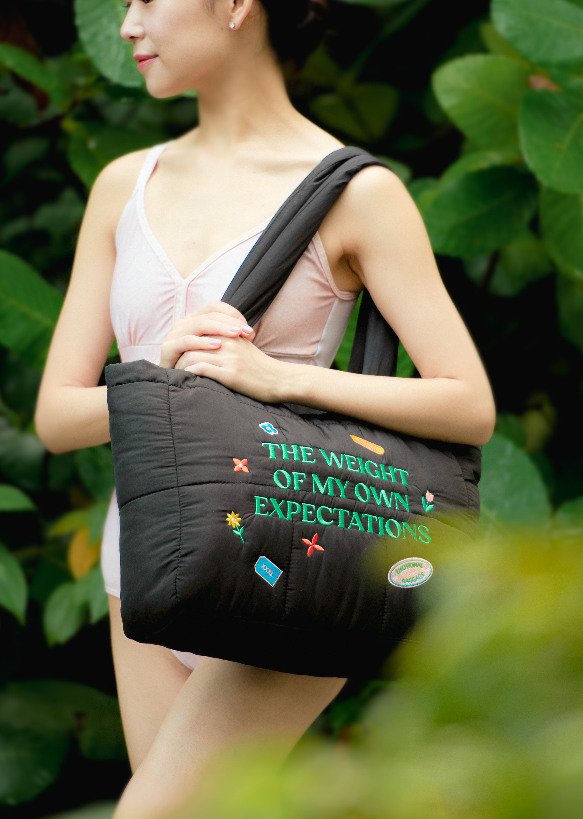 The Weight of My Expectations Puffer Tote Bag - Black - Cloud & Victory