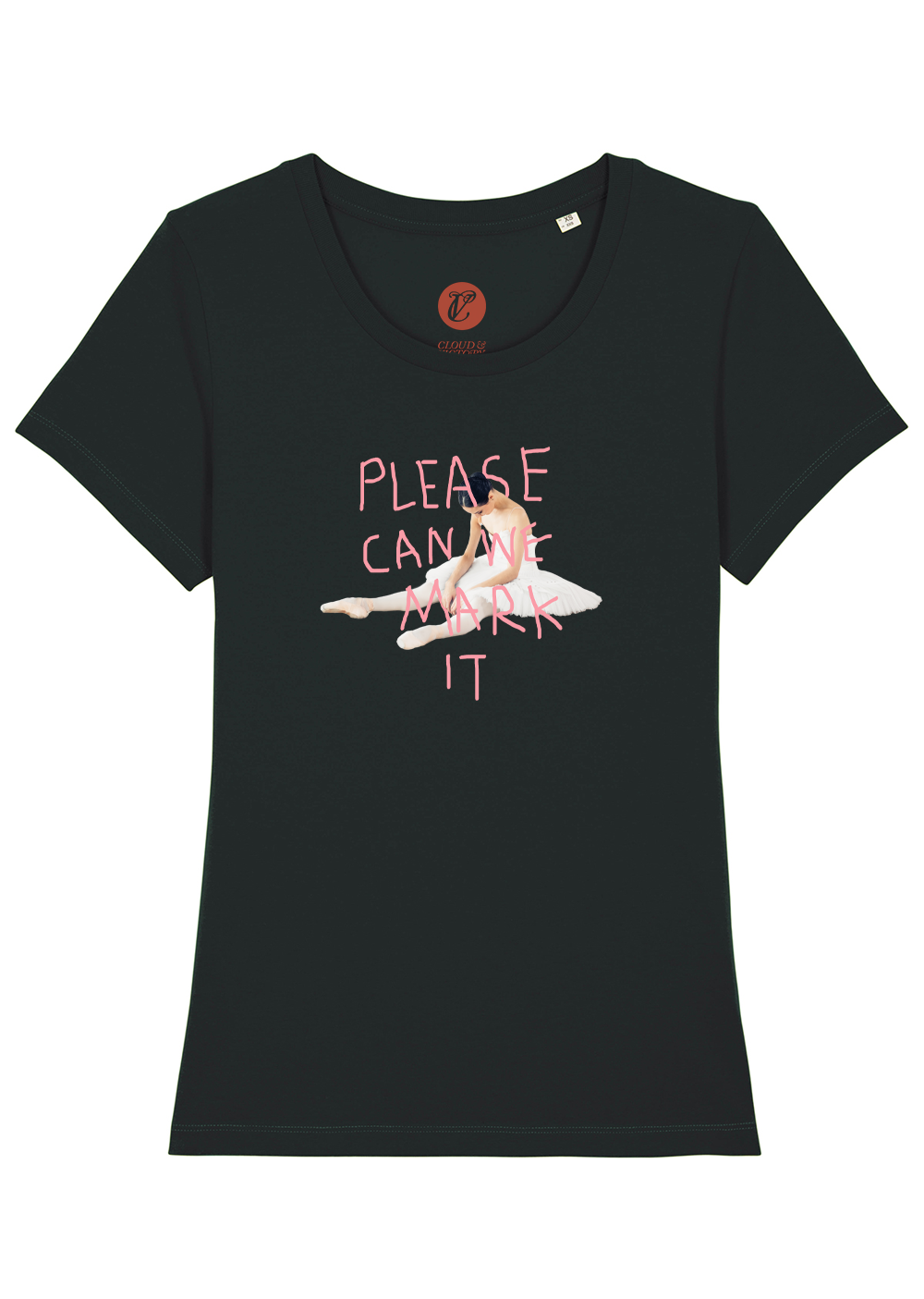 Black t-shirt with graphic design and text on a white background