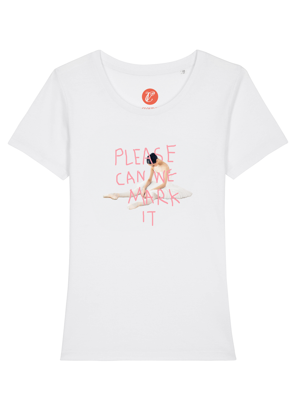 White t-shirt with graphic design and text on a white background