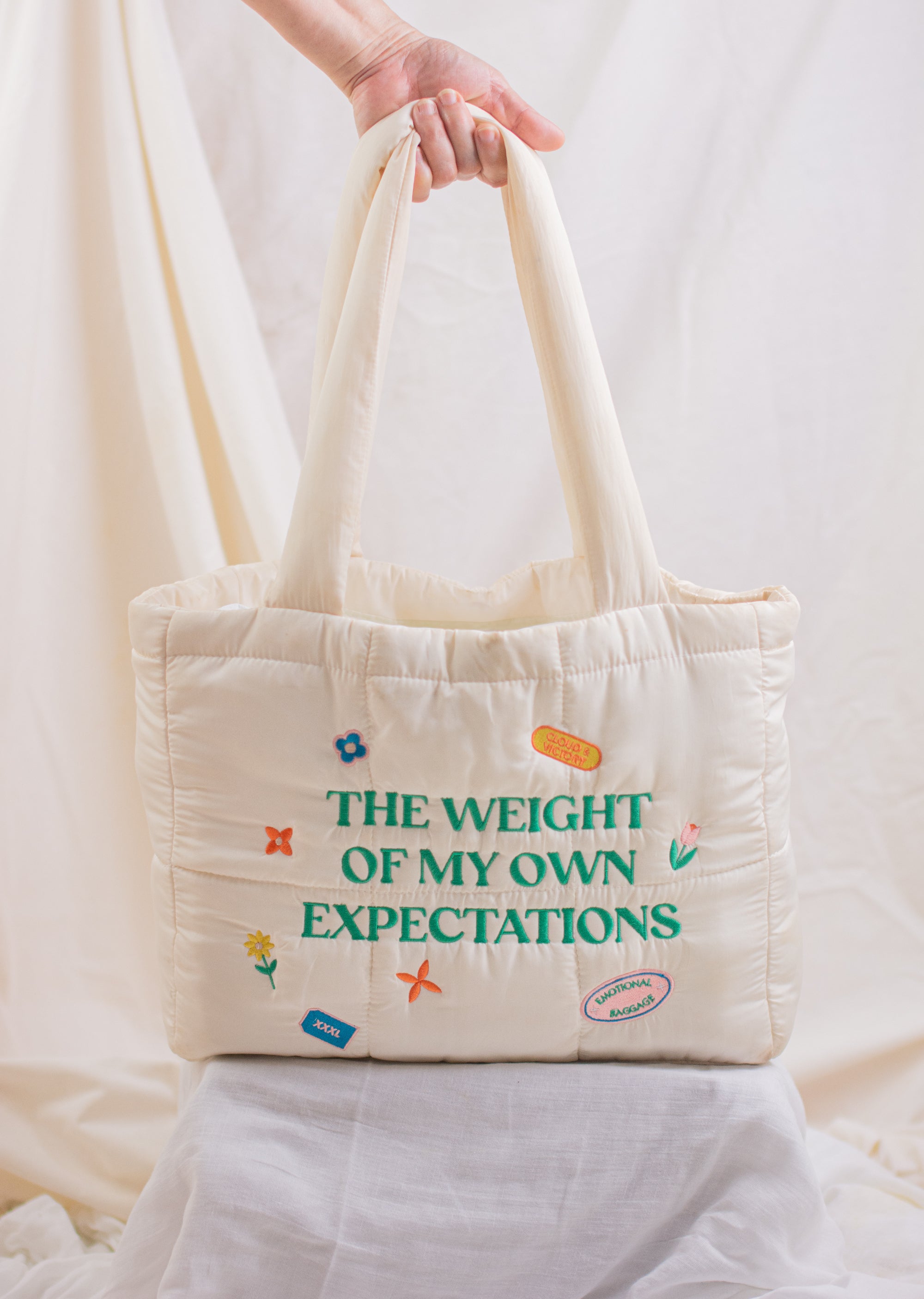 The Weight of My Expectations Puffer Tote Bag - Cream - Cloud & Victory